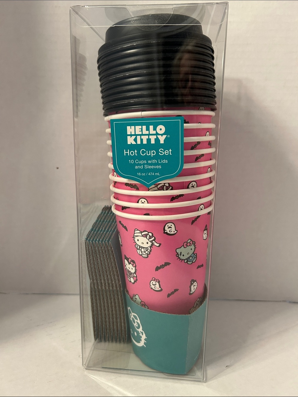 Hello Kitty Pink and Black Halloween Hot Cup Set. 10 cups with lids.